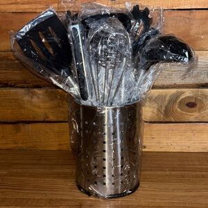 13 Piece Stainless Steel Utensil Holder with Black Kitchen Tools